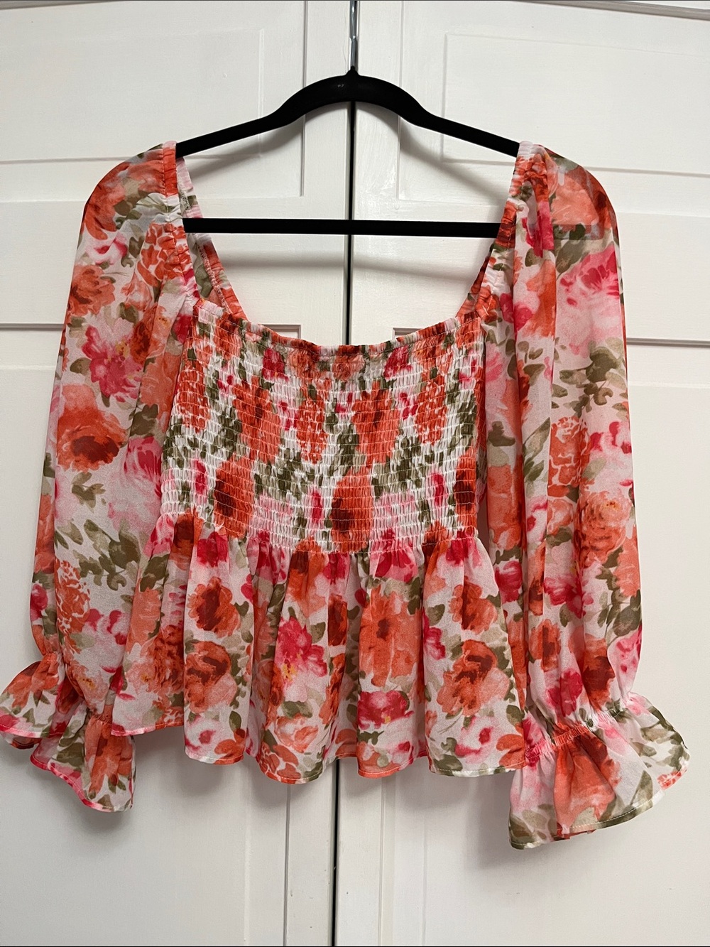 Lucy Paris Coral Pink Floral Smocked Peasant Blouse